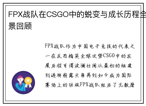 FPX战队在CSGO中的蜕变与成长历程全景回顾